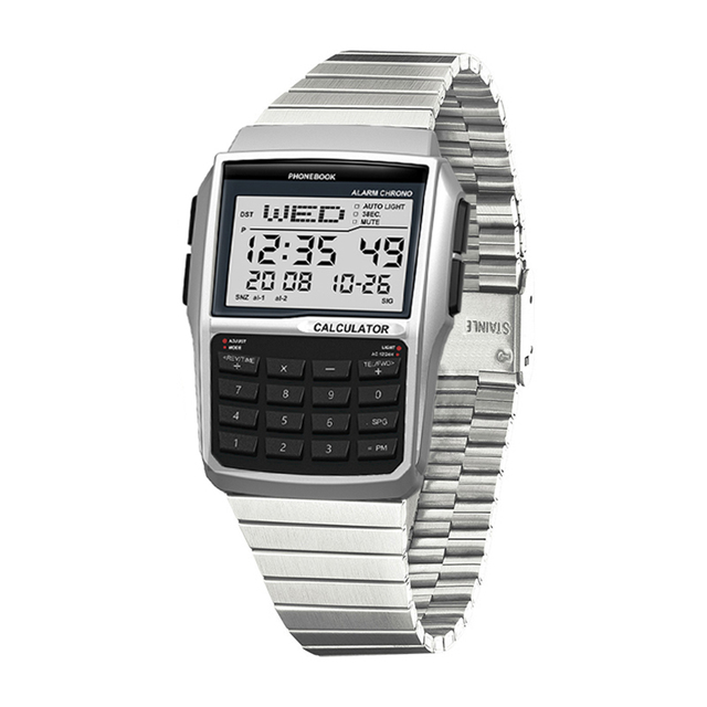 Stainless Steel Alloy Sport Luxury Men's Calculator Multifunctional LED Digital Movement Watches 3BAR Water Resistance