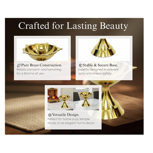 Lampe à huile indienne traditionnelle Jyot Diya Deepam en laiton pur, faite à la main, avec support de mèche central, finition polie, pour salle de Puja - Product Image 3