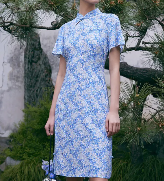 Quotidien Élégant Coton Bleu Floral Cheongsam Qipao Mini Robe Pour Les Femmes