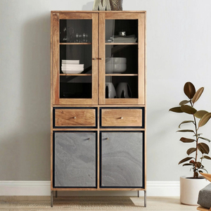 Meuble de rangement moderne en bois d'acacia avec cadre en acier doux, finition bois naturel, texture ciment, revêtement métallique noir - Product Image 5