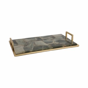 Elegante vassoio in agata con lati e manici in metallo per letto o tavolino, vassoio decorativo per gioielli e piccoli oggetti. - Product Image 3