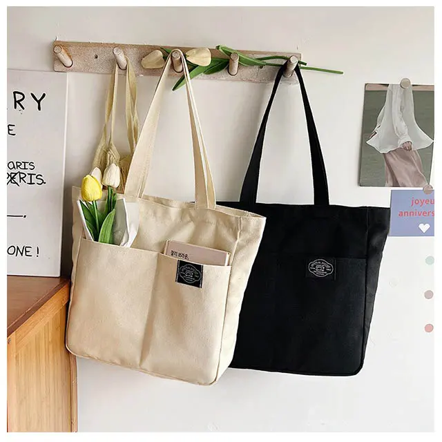 Custom Logo Printed Eco-Friendly Reusable Waterproof White Black Blank Cotton Canvas Tote Bag Wholesale With Pocket