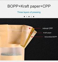 Sachets Doypack personnalisés refermables avec fermeture éclair pour épices, thé et café, en papier kraft brun avec fenêtre transparente
