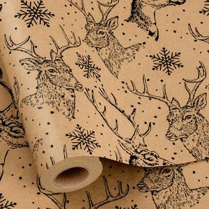 Kraft Christmas <b>Wrapping</b> <b>Paper</b> Roll 17 Inch X 33 Feet Vintage Deer Snowflakes Print Brown Packaging <b>Paper</b> - Product Image 1