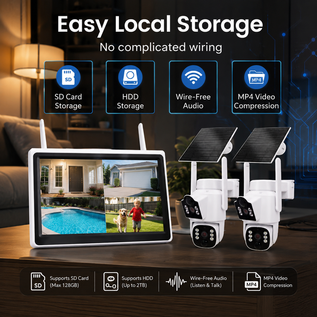 Solar 4MP CMOS Sensor Camera Security System with Night Vision 10.1 Inch Display Dual Lens Pan Tilt App Control SD Card Storage