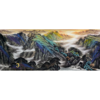 Peinture de paysage chinois traditionnelle à couleurs intenses, peinte à la main, sur papier Xuan, 367x144cm, sur grande échelle, Montagnes majestueuses éternelles