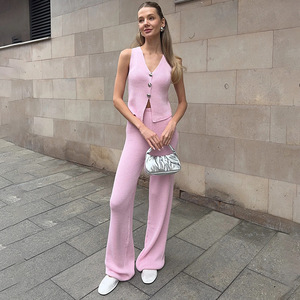 Women <b>Knitted</b> Sleeveless Cardigan High Waisted Trousers <b>Set</b> Solid Color Breathable Casual Suit Myl1488 - Product Image 3
