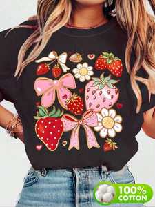 Glissea Camiseta de verano para mujer, manga corta, cuello redondo, estampado de fresas, lazo, corte holgado, 100% algodón jersey - Product Image 3