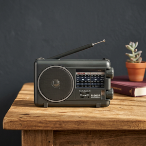 Radio portable pleine bande R-305P avec DSP, cadran analogique, écran LCD en plastique noir, FM/AM, lampe torche, horloge, alimentation par piles - Product Image 2