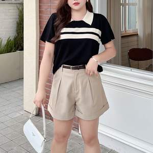 Shorts Runqi N8670 de Cintura Alta con Dobladillo Enrollado, Estilo Casual para Mujer, Algodón Oxford, Tallas Grandes, Color Caqui, Blanco y Negro, con Bolsillos - Product Image 3