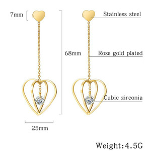 Heart Shaped Diamond <b>Earrings</b> Gold Stainless Steel Long Dangle <b>Studs</b> For Women Everyday Wear - Product Image 5