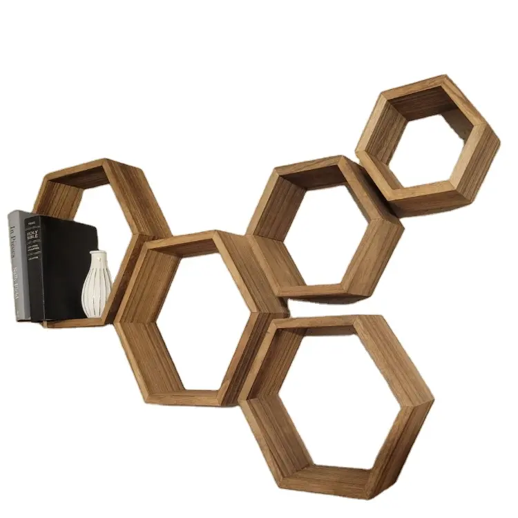 Factory Direct Supply Rustic Wall Mounted Hexagonal Floating Shelves Honeycomb Wall Shelf Wooden Hexagon Shelves