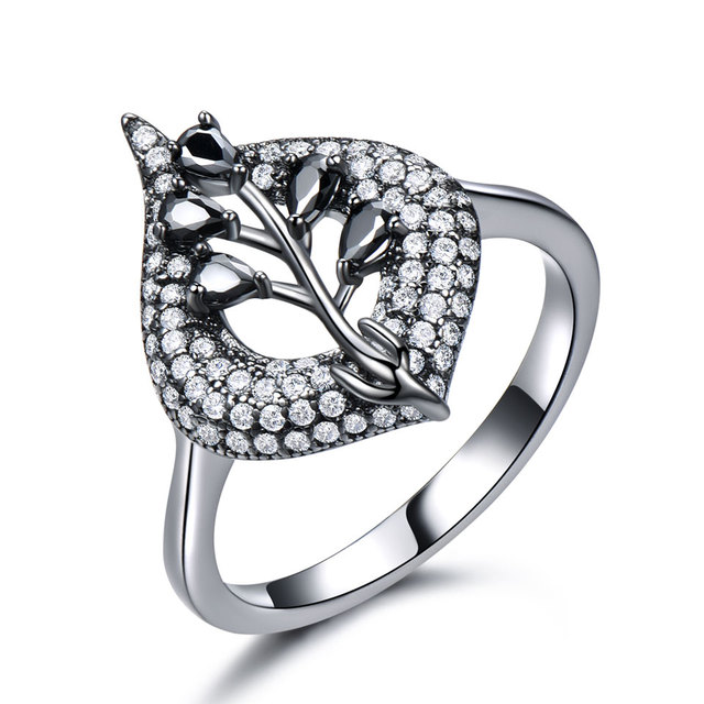 Guangzhou Custom Leaf Design Punk Style Silver Ring with Pear Cut Black Spinel Prong Setting Rhodium Plated Adjustable  Women