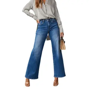 2024 Women Jeans Vintage 90S Streetwear Jeans, Straight Leg High Waist Blue Washed Cowboy Denim Pants/