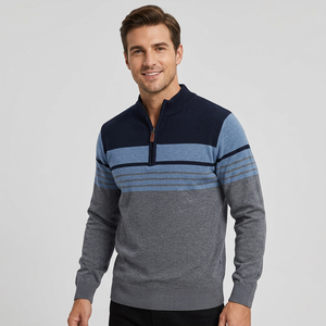 Pull tricoté rayé pour homme avec fermeture éclair 1/4, manches longues, veste d'automne, veste d'extérieur à demi-zip, fabriqué au Bangladesh - Product Image 1
