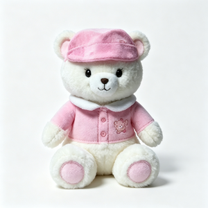 Customized Embroidered bear design on pink top,Soft fuzzy teddy bear with pink accents,Sitting pose dressed teddy bear plush - Product Image 1