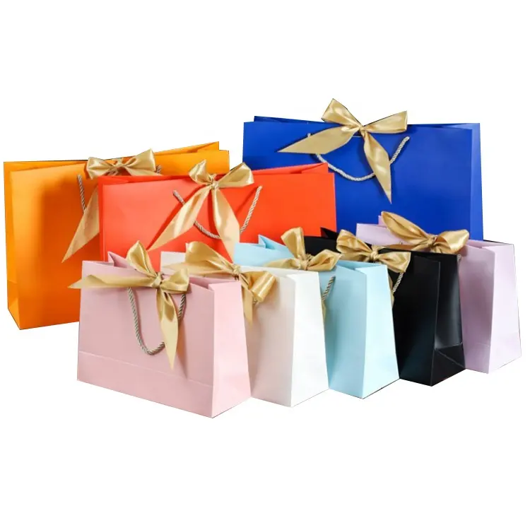 Retail Custom Logo Luxury Clothing Packaging White Paper Shopping Bag Silk Ribbon Bow Tie Gift Paper Bag