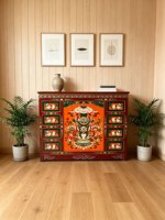 Lemari Samping Motif Binatang Mitologi Tibet Retro, Kayu Solid, Pintu Ganda Lukis Tangan, untuk Pintu Masuk, Ruang Belajar, Ruang Teh, Penyimpanan, 140x40x110cm