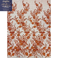 Tissu brodé avec appliques florales 3D vert émeraude et paillettes sur maille légère pour robes de mariée et de soirée - Vente en gros