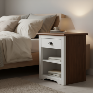 Comodino in legno massello di pino con 1 cassetto, bianco e marrone, mobile contenitore per camera da letto in stile rustico - Product Image 2
