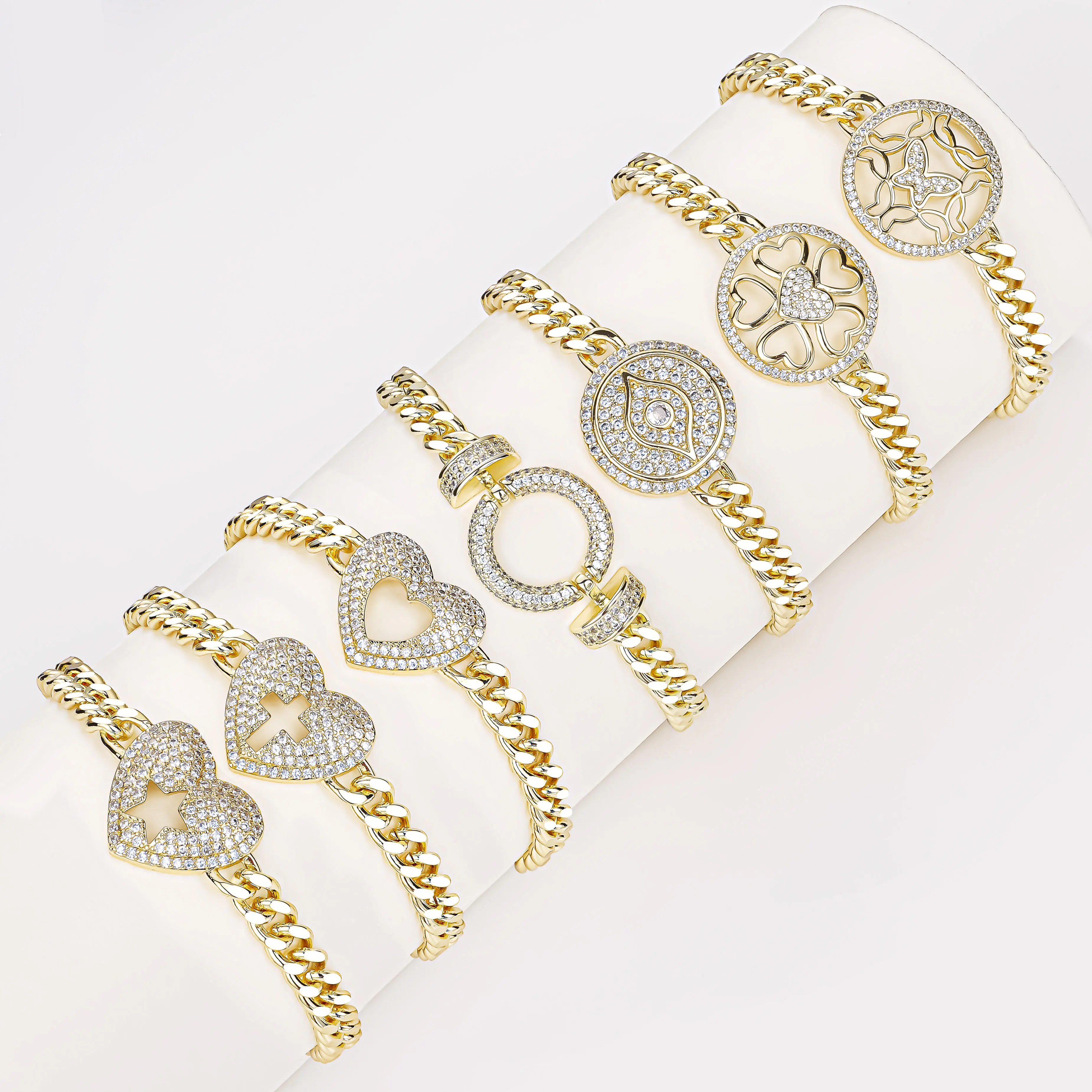 Cm bijoux mode en gros oro laminado diamant brazalete plaqué or femmes 14K zircone bracelets cubains joyeria