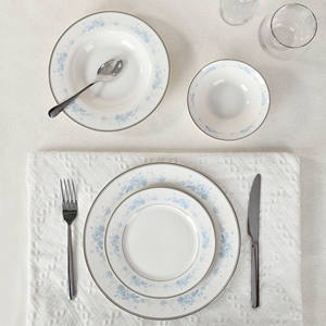 Набор столовой посуды из костяного фарфора класса люкс с серебряным ободком и цветочным узором: тарелки, чашки, керамические блюда - Product Image 4