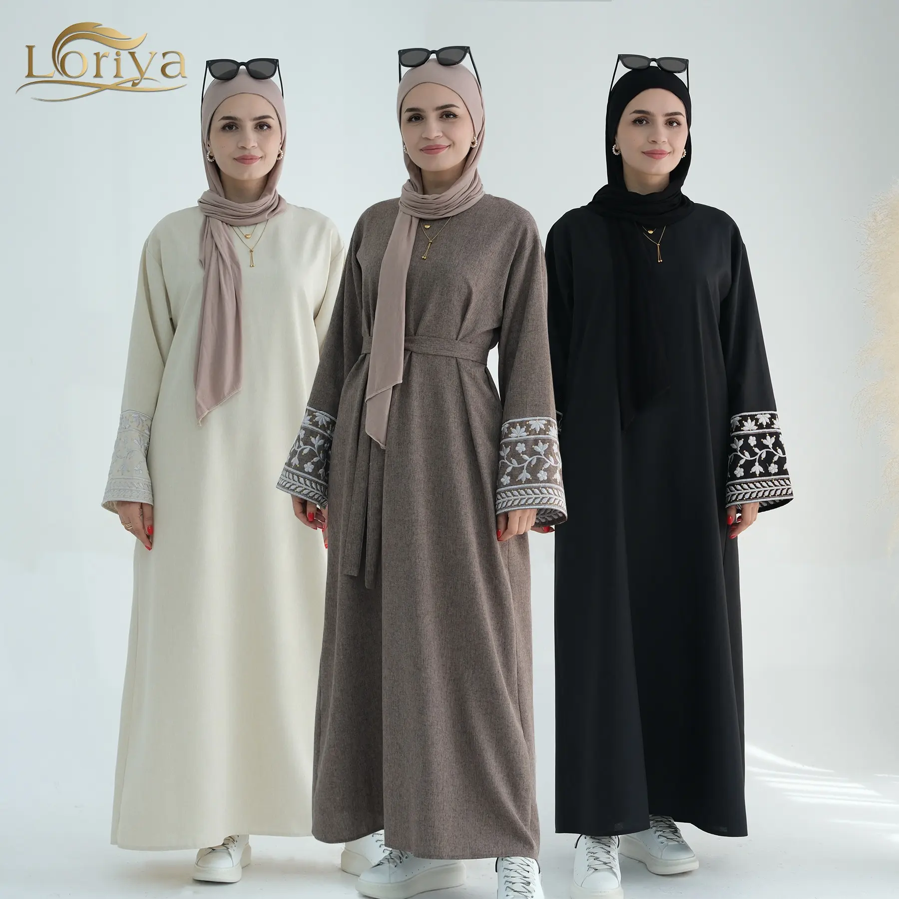 2024 Loriya EID Embroidery Modest Linen Closed Abaya Femmes Robe Musulmane Dubai Abaya Women Muslim Dress