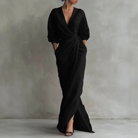 Robe unie élégante pour femme, col en V, avec ceinture croisée à nouer, idéale pour les fêtes et le quotidien, style mode, prête à être expédiée.