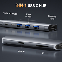Hub USB C 8-in-1 dengan HDTV 4K30Hz PD 100W USB 3.0 Pembaca Kartu SD TF Adaptor Multiport Tipe C untuk Laptop MacBook PC