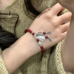 Sterling Silver Gourd Charm <b>Bracelet</b> With Garnet <b>Beads</b> Tassel Design Unisex Gift Jewelry - Product Image 2
