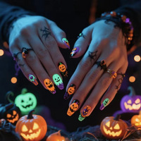 Faux ongles à presser Halloween : Motifs fantôme, citrouille, araignée, chauve-souris. Faible MOQ, vente en gros, emballage personnalisé, OEM, marque privée, fournitures pour salons.