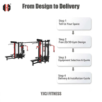 Configuration de salle de sport à huit postes avec plusieurs tours de musculation, deux racks de musculation, longue barre de connexion et accessoires de câblage pour usage commercial