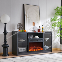 Meuble TV F-638 de 59 pouces en bois noir avec foyer électrique, console et armoires vitrées décoratives