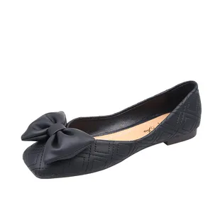 High quality large size bowknot women flat shoes foldable soft sole PU leather ballerina flats