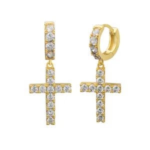 Fashionable Man Designer Clear Cz Iced Out Bling Rhodium Plated S925 Sterling Silver Cross Dangle Hanging Earrings