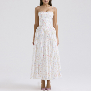 Robes d'été décontractées élégantes de haute qualité pour femmes, nouvelle collection, blanches, florales, sans manches, à bretelles, tissées, écologiques et lavables, vente en gros - Product Image 4
