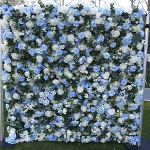 Groothandel Bruiloft Bloemen Muur Lichtblauwe Roos Hortensia Kunstmatige Roos Bloem Achtergrond Voor Bruiloft Evenement Feest Decoratie