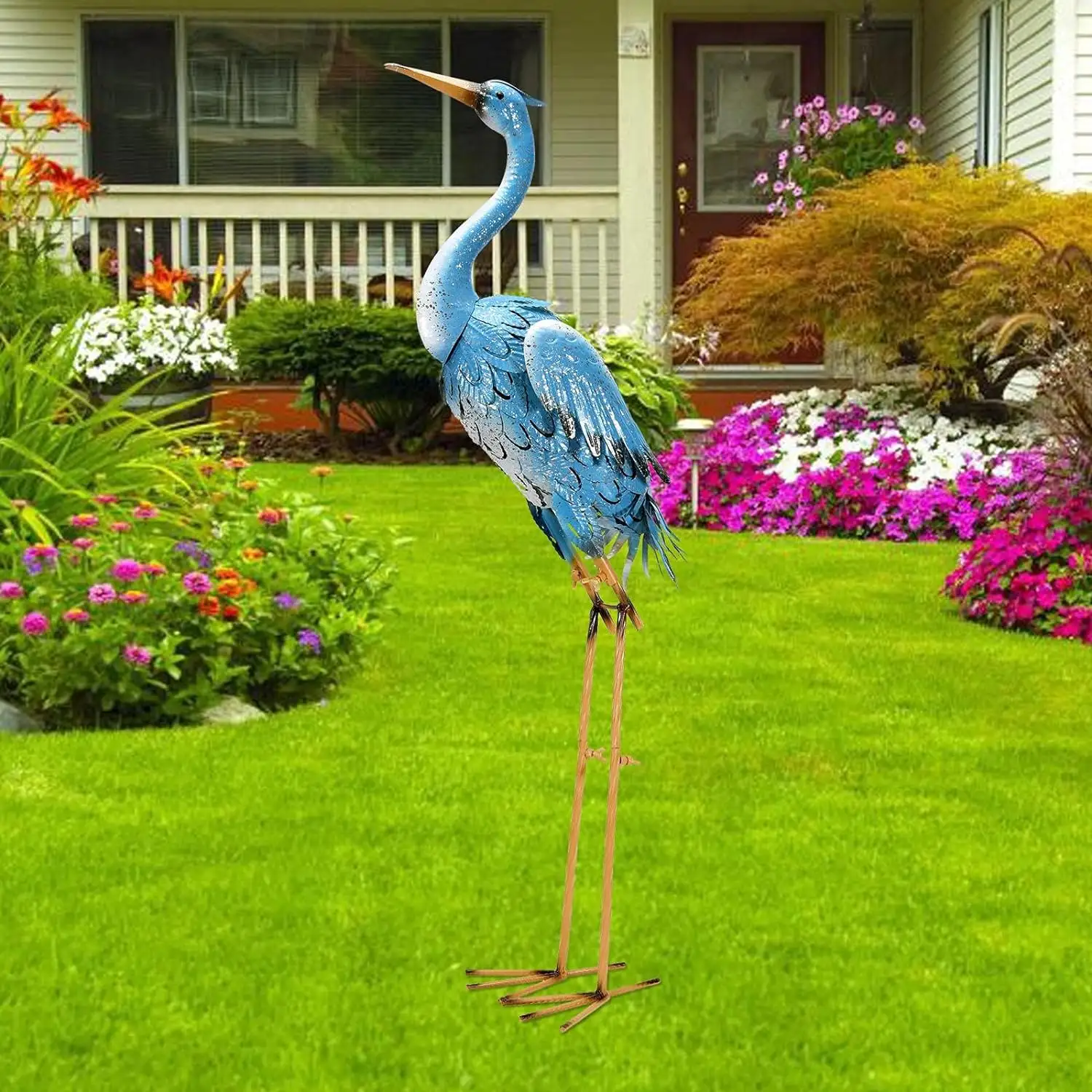 BSCI Factory 96cm Large Standing Blue Metal Crane Garden Statue Garden Animal Sculpture