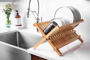 Grand égouttoir à vaisselle pliable <span class=keywords><strong>en</strong></span> <span class=keywords><strong>bambou</strong></span> à 2 niveaux pour comptoir de cuisine - Product Image 5
