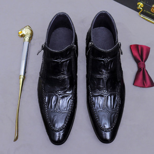 Botas de cuero con estampado británico para hombre, calzado formal de negocios, punta puntiaguda de cuero genuino, cremalleras dobles, zapatos de hombre de caña alta - Product Image 3