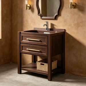 Mueble de Baño Moderno con Gabinete de Madera de Nogal Oscuro de 30 Pulgadas, Diseño de Pie, Espejo LED, Lavabo de Cerámica y Desagüe de Acero Inoxidable - Product Image 4