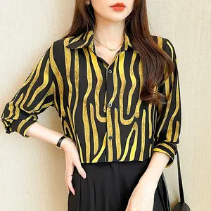 Wholesale Fashion Temperament Shirt Striped Printed Long Sleeve Top Versatile Casual Lapel Shirt.