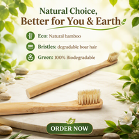 Brosse à dents en bambou avec poils de sanglier 100% compostables et biodégradables, avec logo personnalisé et emballage en boîte kraft personnalisée