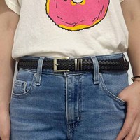 Ceinture fine tressée vintage en cuir véritable noir pour femme avec boucle ardillon en alliage, idéale pour robes et jeans