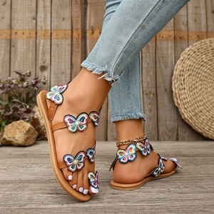 Women Colorful Butterfly Decor Flat <b>Sandals</b> <b>Elastic</b> Ankle Strap Open Toe Summer Beach Ladies Casual Shoes - Product Image 1