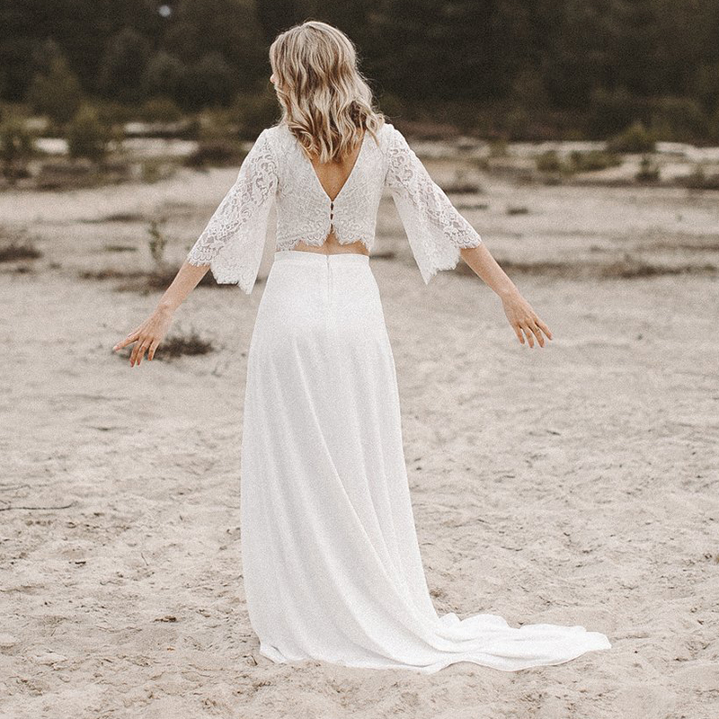 Elegant V Neck Chiffon Boho Beach Wedding Dress with Lace Half Sleeves |  Two-Piece Bridal Gown for Modern Brides