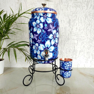 Distributeur d'eau en cuivre, design floral bleu, avec bordure et support en cuivre, distributeur d'eau froide pour la maison - Product Image 1