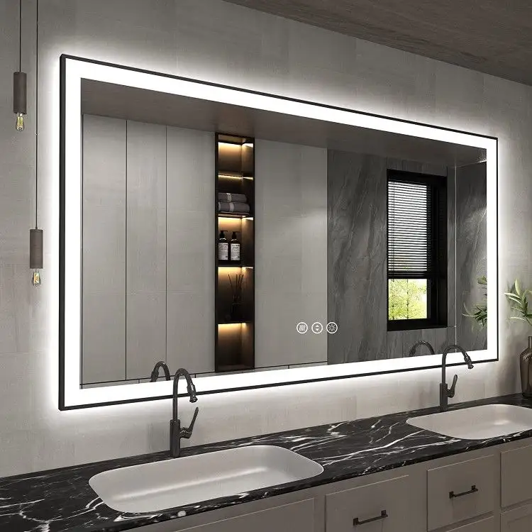 Miroir mural rectangulaire moderne étanche, rétroéclairé, anti-buée, miroir LED de courtoisie, miroirs de salle de bain intelligents carrés