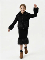 Luxuriöses Lammwoll-Kinderoutfit Flauschiger Pelzkragen Mädchen Langarm-Strickjacke + Knielanges Trägerkleid Herbst Winter Mädchen Bekleidungsset