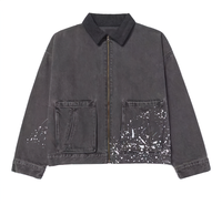Veste en jean vintage délavé à l'acide, col montant, fermeture éclair, design rétro, batik, effet éclaboussures de peinture, sur mesure OEM, haute qualité, pour hommes